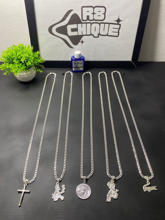 Kit Revenda | 5 Correntes 4MM: 1x1 / 5 Pingentes / 1 Limpa Pratas (BRINDE) (Kit 116)
