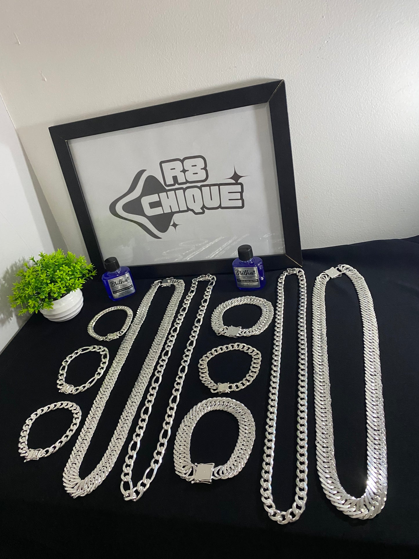 Kit Revenda |2 conjunto de 15MM EloTriplo / 2 Conjuntos 10MM - 1x1 e 3x1 / 2 Pulseiras 10MM - Elo e 1x1 / 1 Limpa Pratas (BRINDE) (Kit 77)