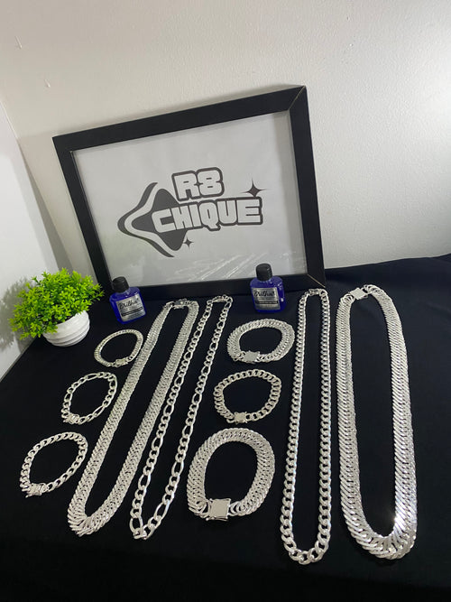 Kit Revenda |2 conjunto de 15MM EloTriplo / 2 Conjuntos 10MM - 1x1 e 3x1 / 2 Pulseiras 10MM - Elo e 1x1 / 1 Limpa Pratas (BRINDE) (Kit 77)