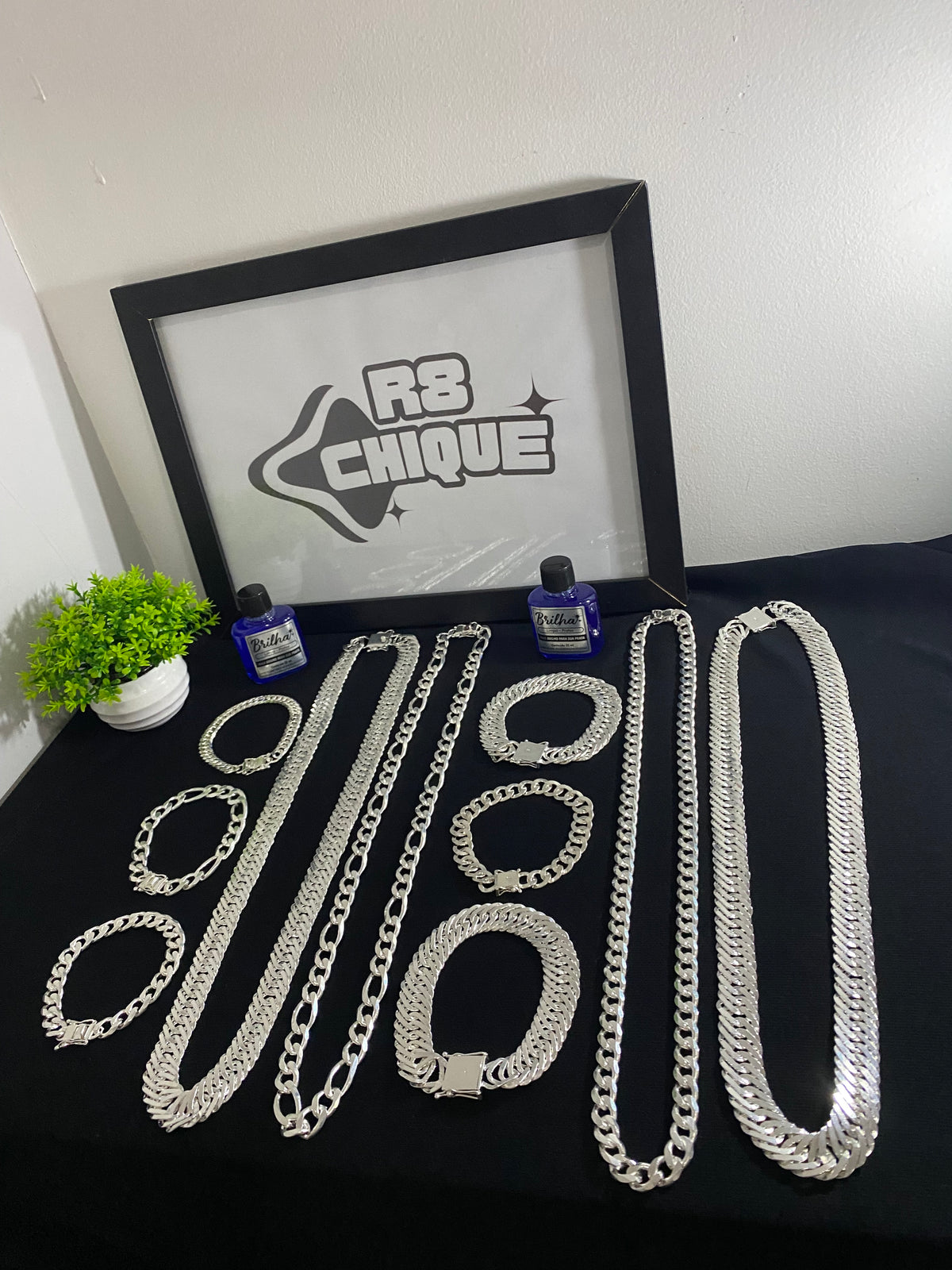 Kit Revenda |2 conjunto de 15MM EloTriplo / 2 Conjuntos 10MM - 1x1 e 3x1 / 2 Pulseiras 10MM - Elo e 1x1 / 1 Limpa Pratas (BRINDE) (Kit 77)