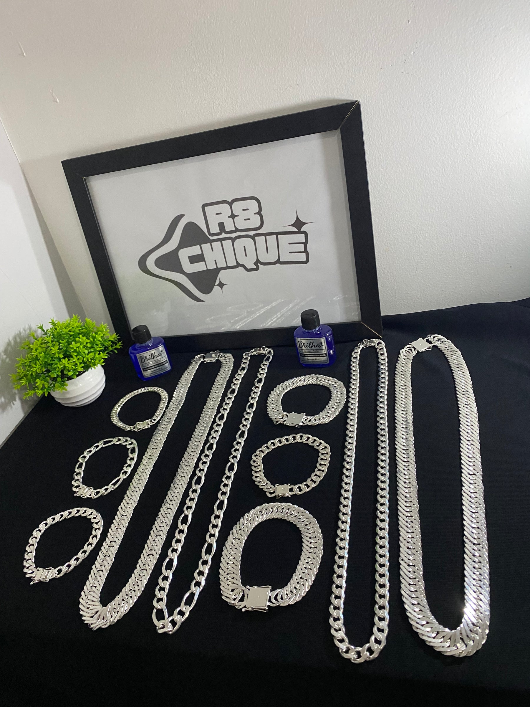 Kit Revenda |2 conjunto de 15MM EloTriplo / 2 Conjuntos 10MM - 1x1 e 3x1 / 2 Pulseiras 10MM - Elo e 1x1 / 1 Limpa Pratas (BRINDE) (Kit 77)