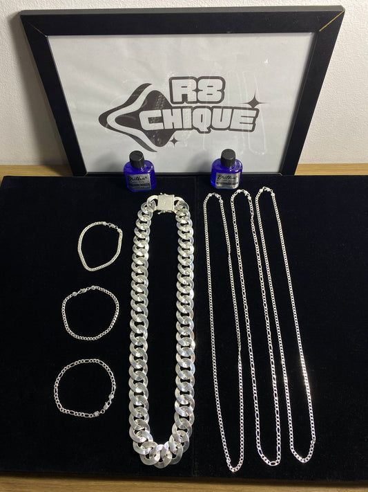Kit Revenda | 3 Conjuntos 4MM 3x1x1,EloDuplo / 1 Corrente 25MM: 1x1 / +2 Limpa Pratas (Kit 101)