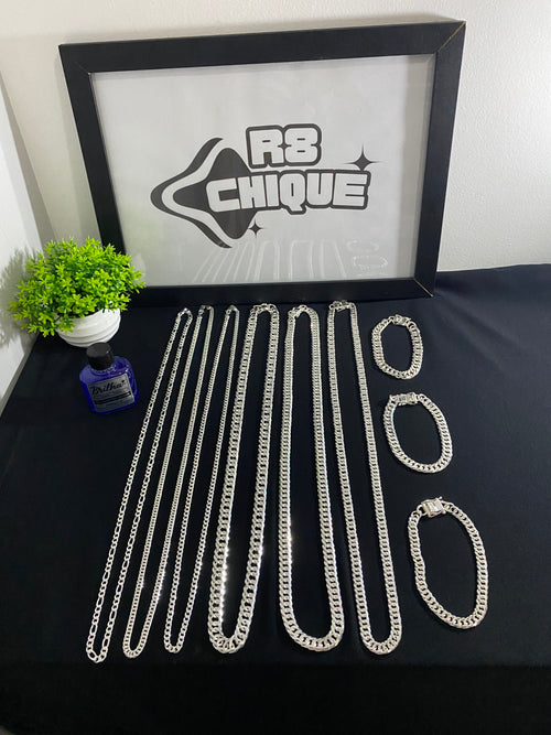 Kit Revenda | 3 Corrente de 4MM - 1x1, 3x1, Elo/ 2 Conjunto 10MM - EloDuplo / 1 Conjunto 8MM - EloDuplo / 1 Limpa Pratas (BRINDE) (Kit 79)