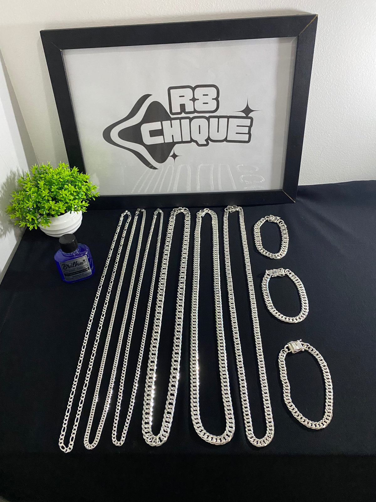 Kit Revenda | 3 Corrente de 4MM - 1x1, 3x1, Elo/ 2 Conjunto 10MM - EloDuplo / 1 Conjunto 8MM - EloDuplo / 1 Limpa Pratas (BRINDE) (Kit 79)