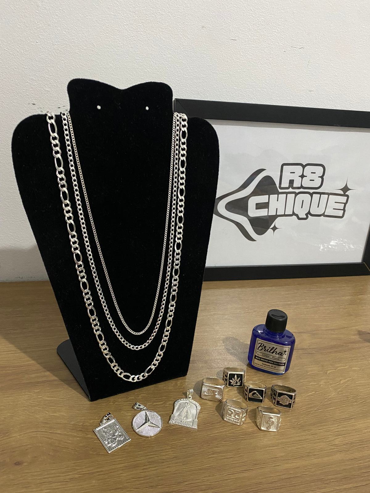 Kit Revenda | 1 Correntes 8MM - 3x1 / 1 Corrente 4MM - EloDuplo / 1 Corrente 2MM - 1x1 / 3 Pingentes / 6 Dedeiras / 1 Limpa Pratas (Kit 39)