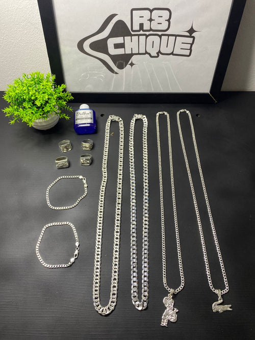 Kit Revenda | 2 Corrente 2 Pulseira 4MM: 1x1 / 1 Corrente 9MM: 1x1 Laminada / 1 Corrente 10MM: EloDuplo / 4 Dedeiras B / 2 Pingentes B / 1 Limpa Pratas (BRINDE) (Kit 108)