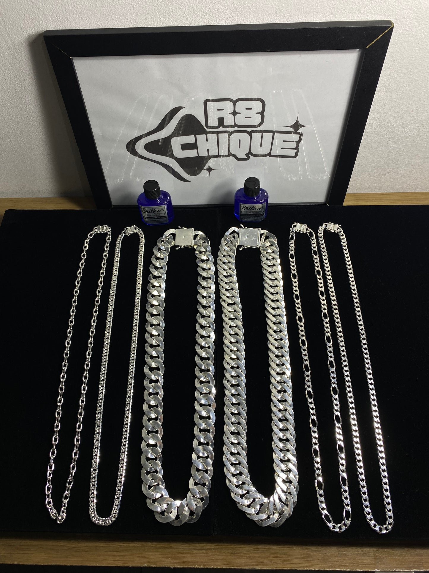 Kit Revenda | 2 Correntes 25MM - 1x1 e EloDuplo / 4 Correntes 8MM - 1x1,3x1,EloDuplo,Cartie. / 2 Limpa Pratas (Brinde) (Kit 100)