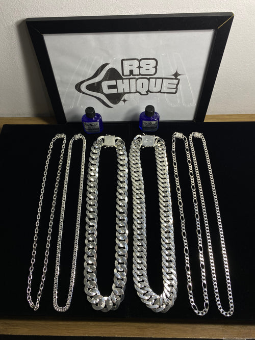 Kit Revenda | 2 Correntes 25MM - 1x1 e EloDuplo / 4 Correntes 8MM - 1x1,3x1,EloDuplo,Cartie. / 2 Limpa Pratas (Brinde) (Kit 100)