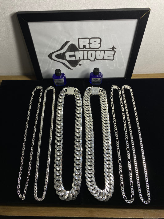Kit Revenda | 2 Correntes 25MM - 1x1 e EloDuplo / 4 Correntes 8MM - 1x1,3x1,EloDuplo,Cartie. / 2 Limpa Pratas (Brinde) (Kit 100)