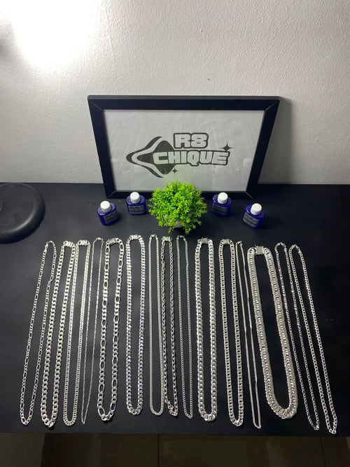 Kit Revenda | 15 Correntes / 4 de 8MM: 3x1,1x1,Cartie,Elo / 3 de 10MM - 1x1,3x1,Elo/ 1 de 15MM: EloTriplo / 1 de 9MM: 1x1 Laminada/ 3 de 4MM: 1x1,3x1,Elo/ 3 de 2MM: 1x1,3x1,Elo /+4 Limpa Pratas (Brinde) (Kit 105)