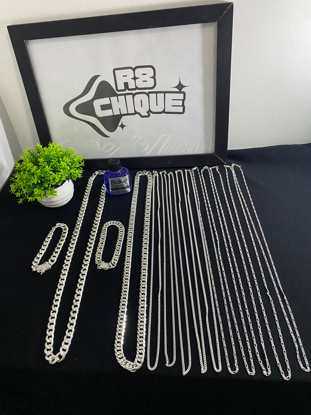 Kit Revenda | 2 Conjuntos 10MM - 1x1 & EloDuplo / 10 correntes 2MM - 1x1 e 3x1 / 1 Limpa Pratas (BRINDE) (Kit 83)