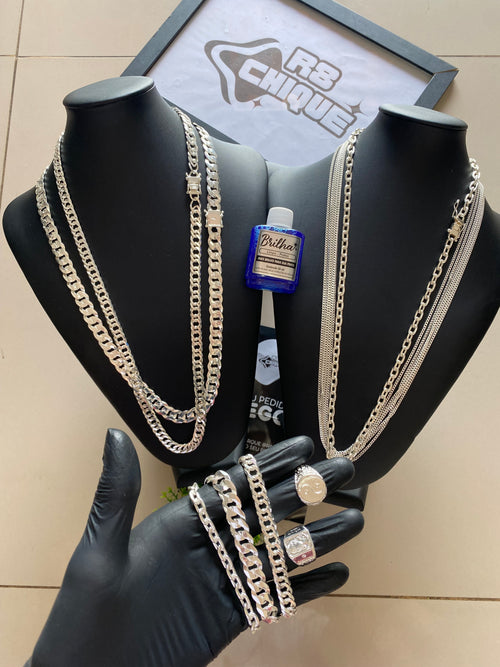 8 Correntes / 3 Pulseiras + Limpa Pratas + 2 Dederias (Brinde) / 1 Conjunto 13MM Italina: 1x1/ 1 Conjunto 12MM: Eloduplo/ 1 Conjunto 8MM: Cartie/ 5 Correntes 3MM (Kit 127)