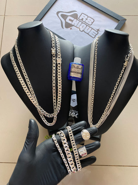 8 Correntes / 3 Pulseiras + Limpa Pratas + 2 Dederias (Brinde) / 1 Conjunto 13MM Italina: 1x1/ 1 Conjunto 12MM: Eloduplo/ 1 Conjunto 8MM: Cartie/ 5 Correntes 3MM (Kit 127)