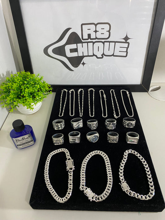 Kit Revenda | 7 Pulseiras de 2MM: 3x1 e 1x1 / 2 Pulseiras de 8MM - Elo e 1x1 / 1 Pulseira de 10MM - Elo / 1 Limpa Pratas (BRINDE) (Kit 85)