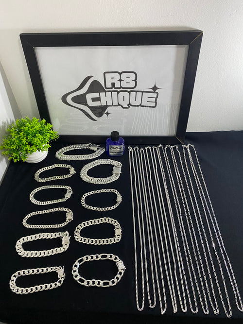 Kit Revenda | 10 Correntes 2MM - 1x1 e 3x1 + 10 Pulseiras: 2 de 15MM EloTriplo / 4 de 8MM - 1x1 e Elo / 2 de 12MM 1x1 (Italiana) / 2 de 10MM - 3x1 e 1x1 / 1 Limpa Pratas (BRINDE) (Kit 82)