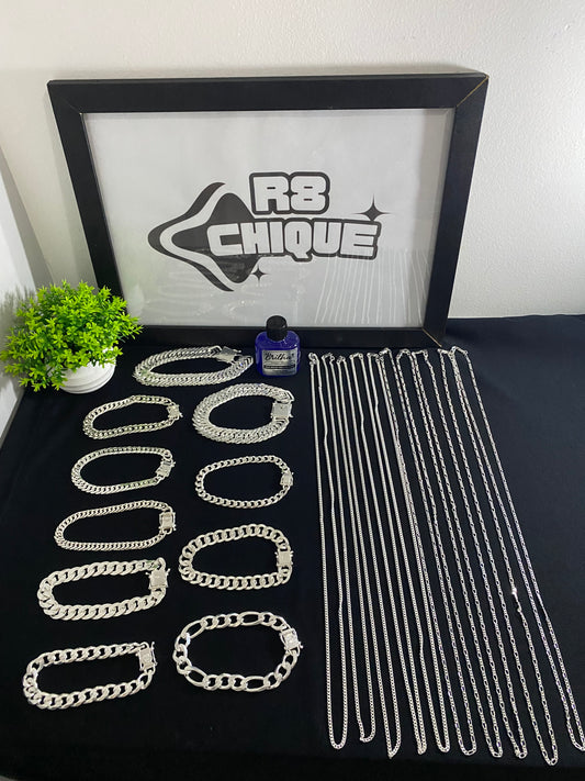 Kit Revenda | 10 Correntes 2MM - 1x1 e 3x1 + 10 Pulseiras: 2 de 15MM EloTriplo / 4 de 8MM - 1x1 e Elo / 2 de 12MM 1x1 (Italiana) / 2 de 10MM - 3x1 e 1x1 / 1 Limpa Pratas (BRINDE) (Kit 82)