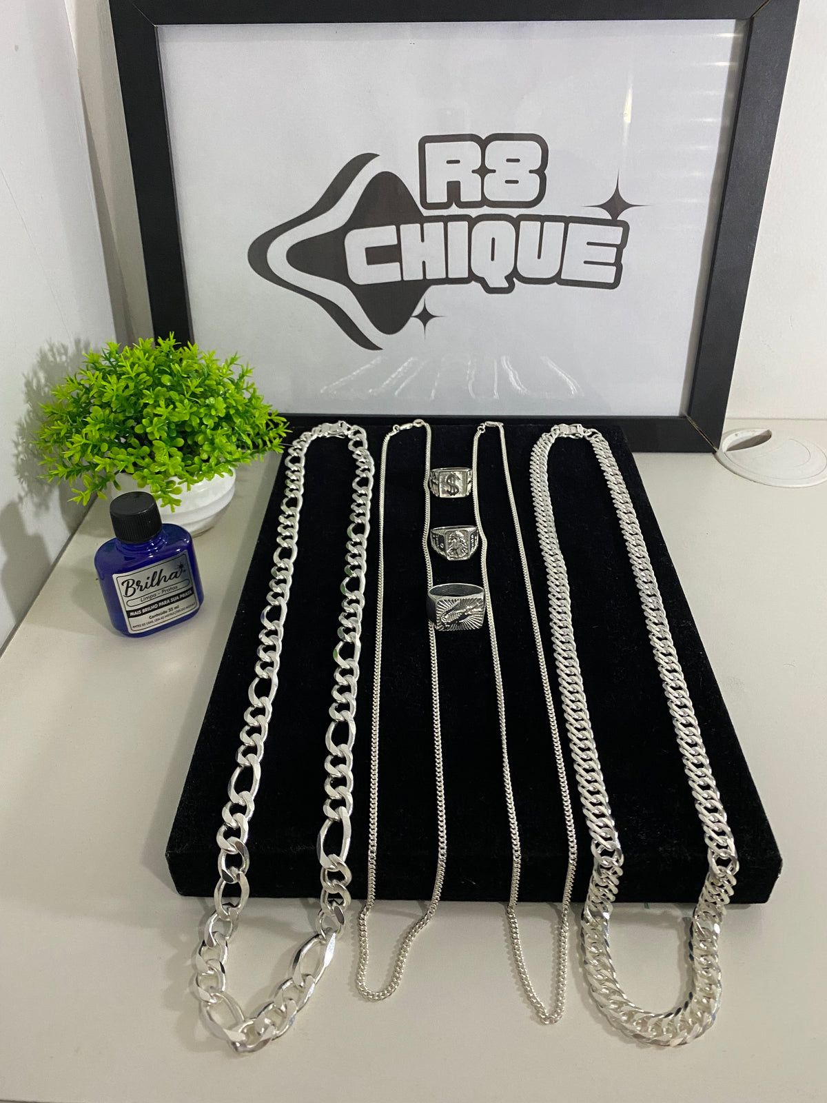 Kit Revenda | 2 Correntes 10MM: 3x1 e Elo / 2 Correntes 2MM: 1x1 / 3 Dedeiras / 1 Limpa Pratas (BRINDE) (Kit 113)
