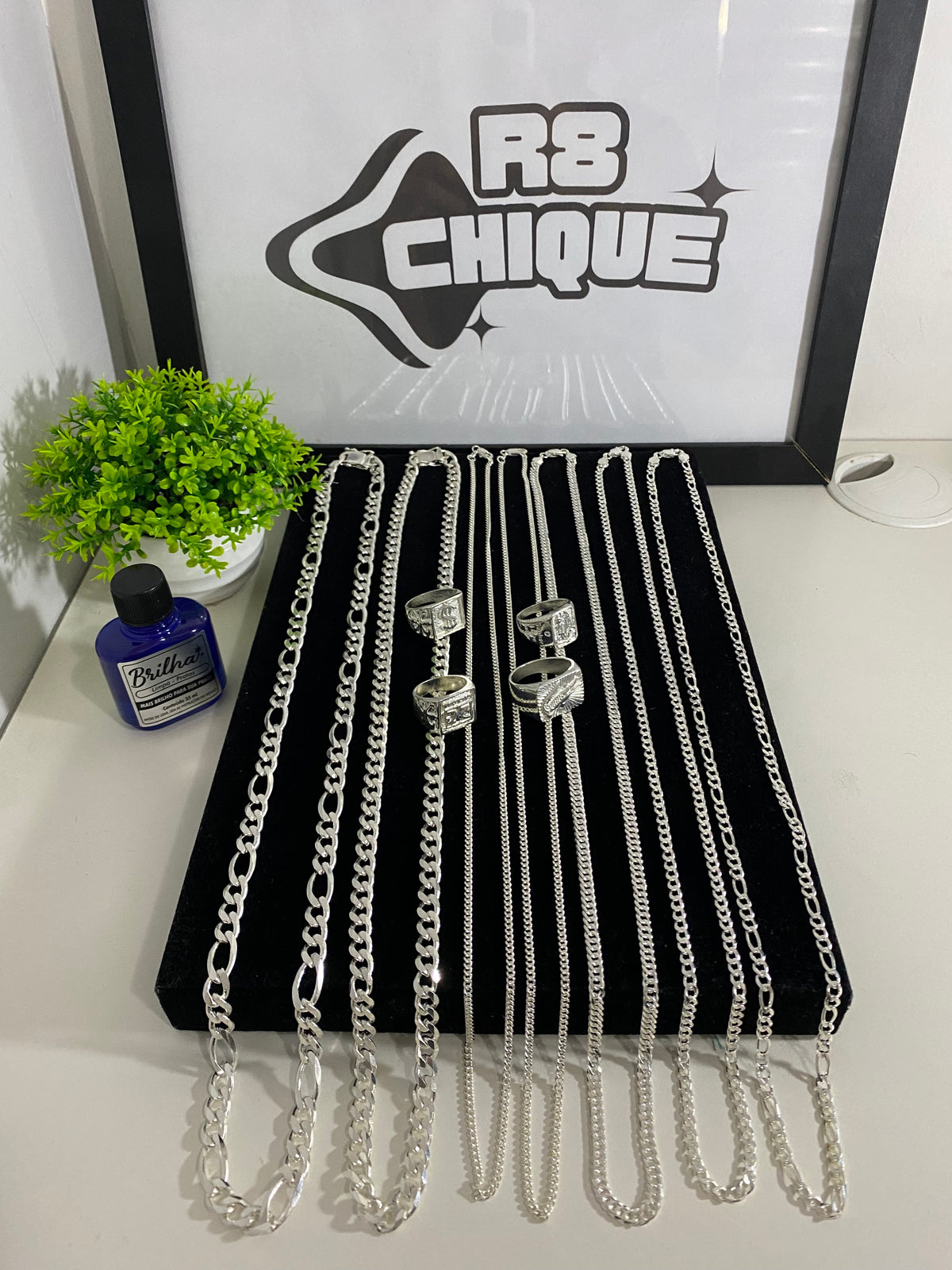Kit Revenda | 2 Corrente de 8MM - 1x1 e 3x1/3 Corrente de 4MM - 1x1, 3x1, Elo/ 2 Corrente de 2MM - 1x1, Elo/4 Dedeiras / 1 Limpa Pratas (BRINDE) (Kit 86)