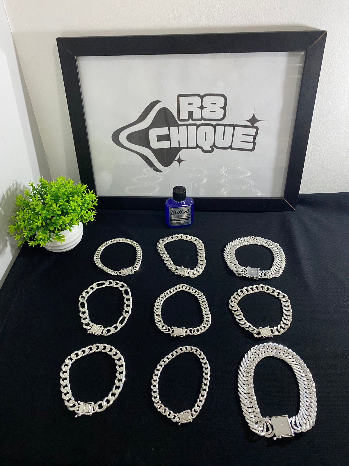 Kit Revenda | 9 Pulseiras / 2 - de 15MM/ 2 de 8MM - 1x1 e Elo/ 4 de 10MM - 3x1, 1x1, Elo/ 1 de 12MM Italiana 1x1 / + Limpa Pratas (Kit 76)