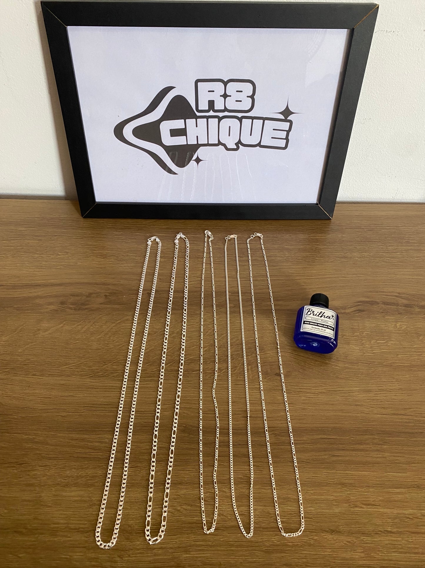 Kit Revenda | 5 Correntes + Limpa Pratas - 2 de 4MM 1x1 e 3x1 / 3 de 2MM 1x1 e 3x1 (Kit 9)