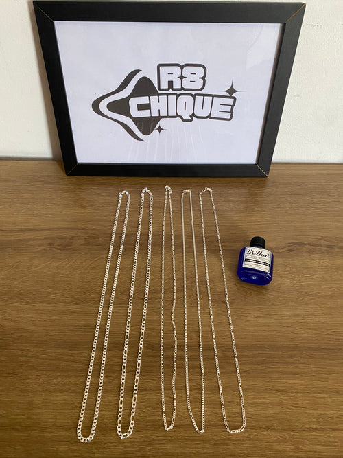 Kit Revenda | 5 Correntes + Limpa Pratas - 2 de 4MM 1x1 e 3x1 / 3 de 2MM 1x1 e 3x1 (Kit 9)