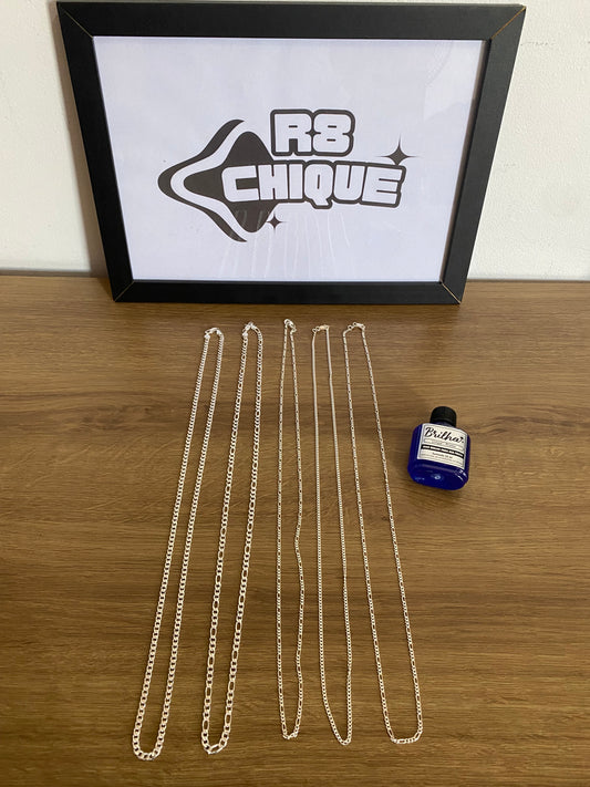 Kit Revenda | 5 Correntes + Limpa Pratas - 2 de 4MM 1x1 e 3x1 / 3 de 2MM 1x1 e 3x1 (Kit 9)