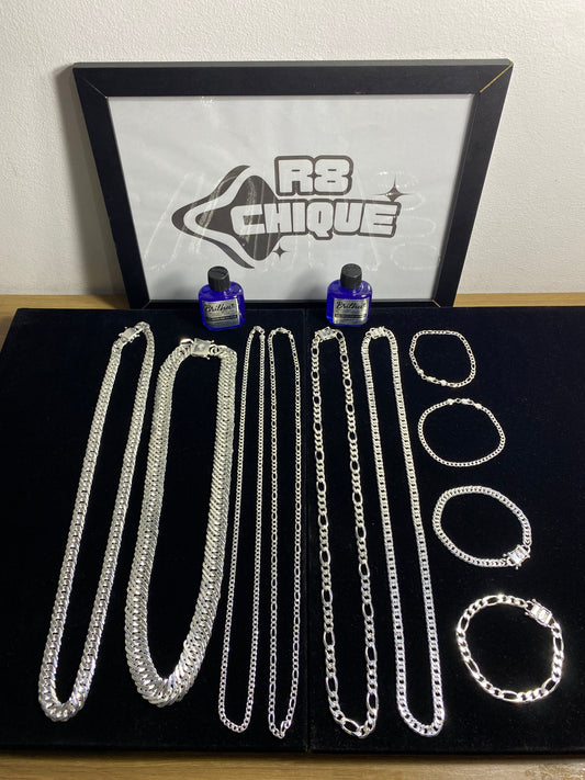 Kit Revenda | 2 Conjuntos 8MM - 3x1 e EloDuplo / 2 Conjuntos 4MM: 1x1 e 3x1 / 1 Corrente 17MM / 1 Corrente 12MM: EloDuplo (ITALIANA) / 2 Limpa Pratas (Brinde) (Kit 93)