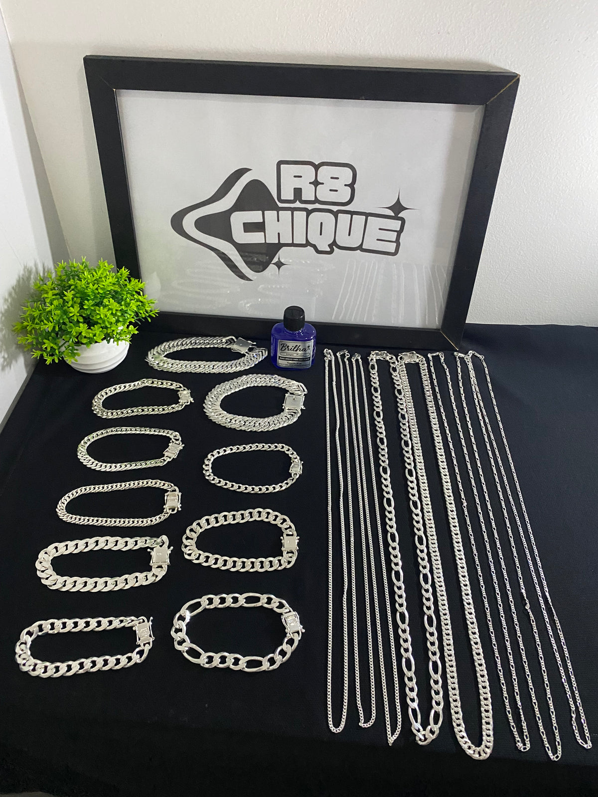 Kit Revenda | 6 Corrente de 2MM - 3 de 1x1 e 3 de 3x1 / 2 Corrente de 8MM - EloDuplo, 3x1 / PULSEIRAS -> 2 P de 17MM / 3 P de 8MM, 1x1, Elo, 3x1 /3 P de 10MM, 1x1, Elo, 3x1 / 2 P de 12MM Italiana 1x1 / 1 Limpa Pratas (BRINDE) (Kit 80)