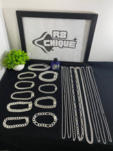 Kit Revenda | 6 Corrente de 2MM - 3 de 1x1 e 3 de 3x1 / 2 Corrente de 8MM - EloDuplo, 3x1 / PULSEIRAS -> 2 P de 17MM / 3 P de 8MM, 1x1, Elo, 3x1 /3 P de 10MM, 1x1, Elo, 3x1 / 2 P de 12MM Italiana 1x1 / 1 Limpa Pratas (BRINDE) (Kit 80)