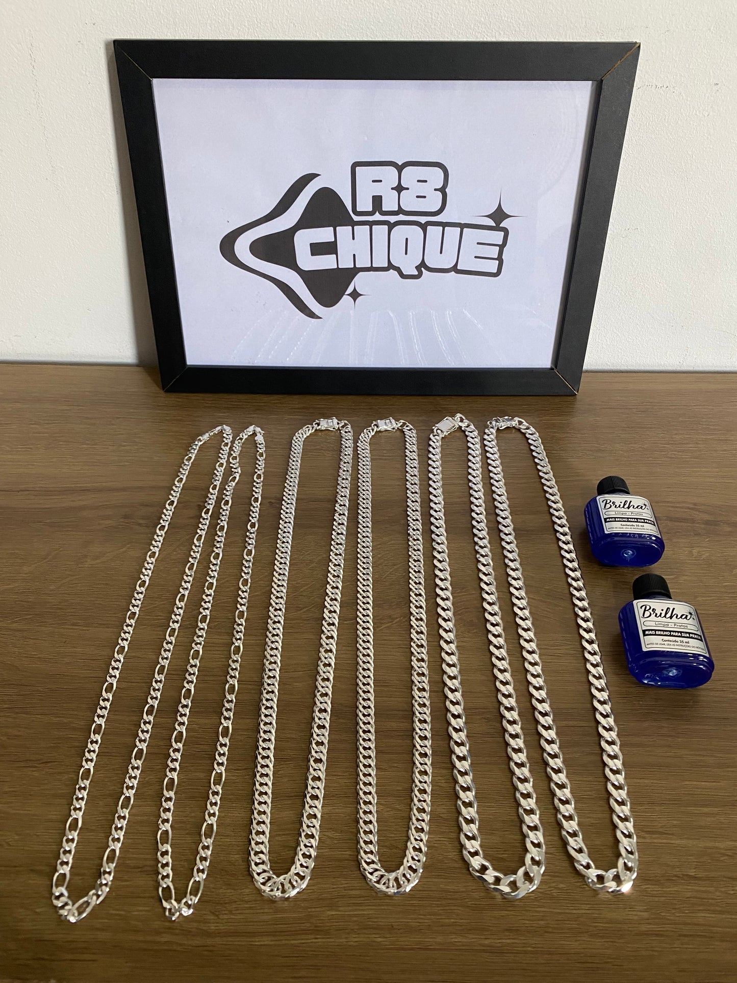 Kit Revenda |2 Corrente de 8MM - 3x1 / 4 Corrente de 10MM - 2 de 1x1 e 2 de Elo + 2 Limpa Pratas BRINDE (Kit 66)